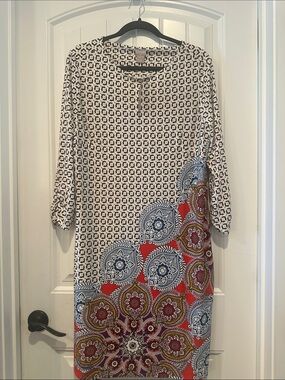 Chico's Navy, White & Red Medallion Midi Shift Dress